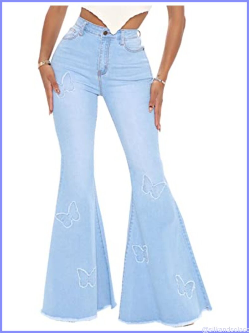 Women's Elastic High Waisted Embroidered Flare Bell Bottom Jeans Raw Hem Denim